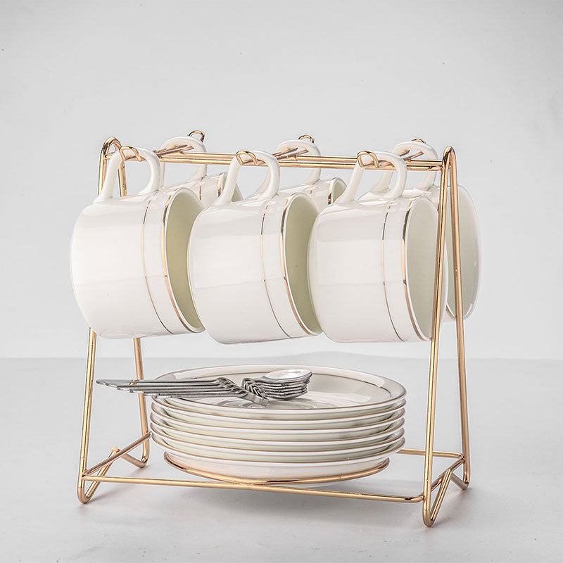 Circle Joy CJ-TCTZ01 six cups and six saucers displayed with rack and spoons; rack and spoons are not included.