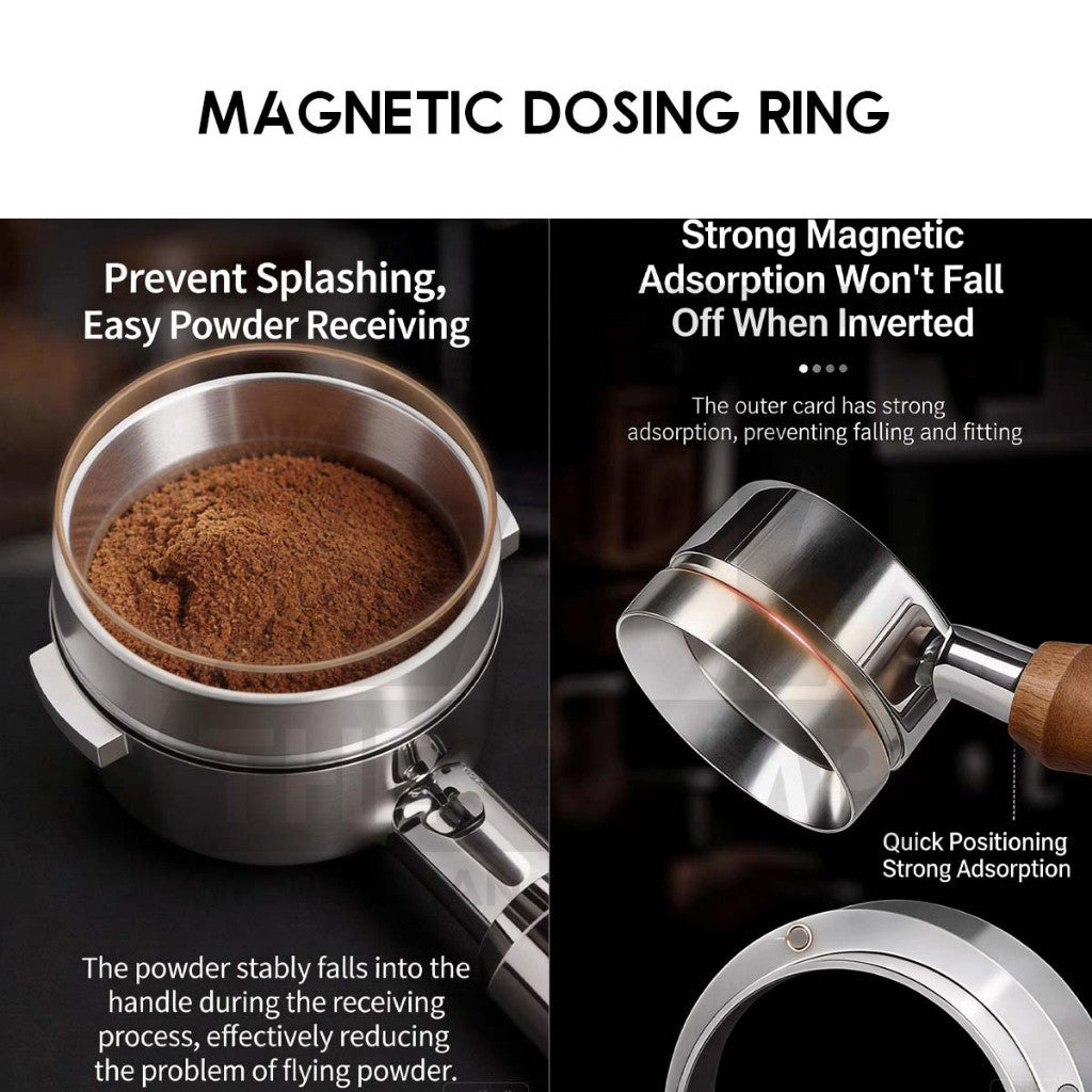CLITON CL-JFH01 51 mm magnetic dosing ring fitted to a portafilter