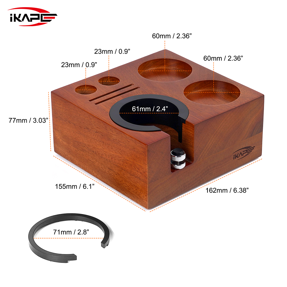 IKAPE seven-in-one walnut tamping station dimensions: 162 × 155 × 77 mm.