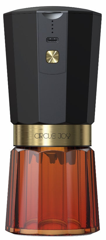Circle Joy CJ-EG05 electric coffee grinder, dark body and amber-colour grounds container, supplier front view