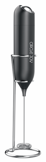 Circle Joy CJ-EMF13 battery-operated milk frother with metal stand, dark finish.