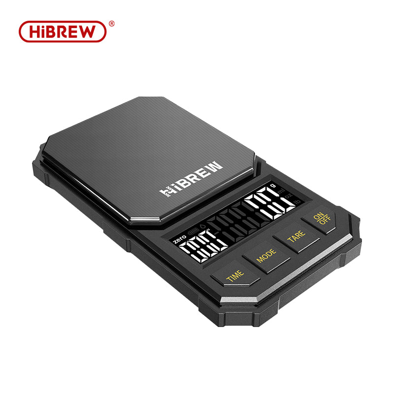 HiBREW black 1000g coffee scale with four buttons and separate weight and timer displays