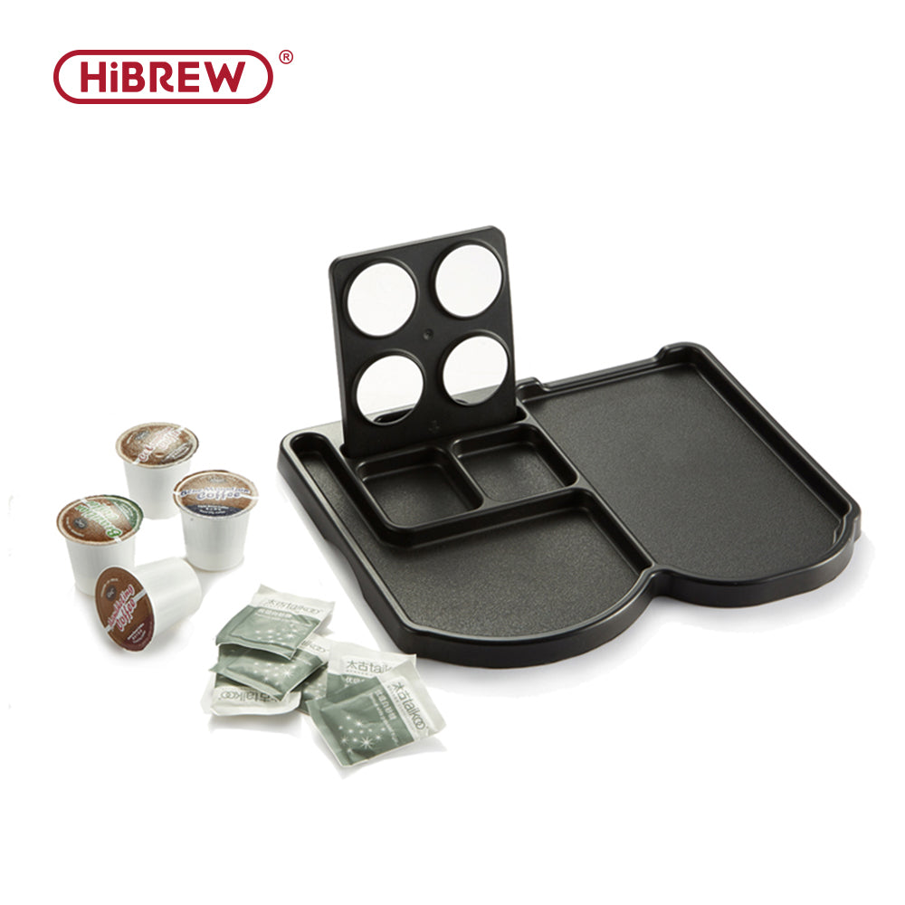 HiBREW black coffee service tray with divided base and upright four-opening panel. Capsules, packets and other display items are not included.