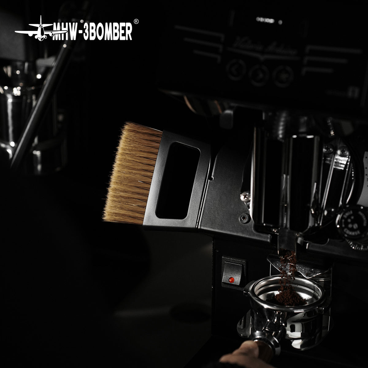 MHW-3BOMBER B5188B black coffee bar brush with holder beside an espresso machine; machine and portafilter are not included.