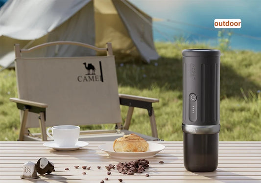 CERA+ PCM03S beside a cup on a camping table in a supplier outdoor illustration