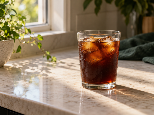 AI-generated atmospheric illustration of an unbranded iced coffee glass beside a window