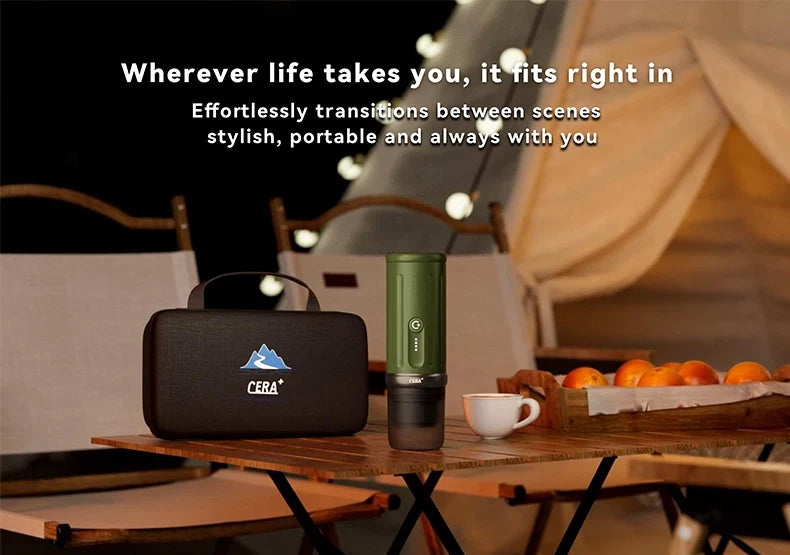 CERA+ supplier travel illustration showing a green portable espresso machine and closed case on a table beside a tent