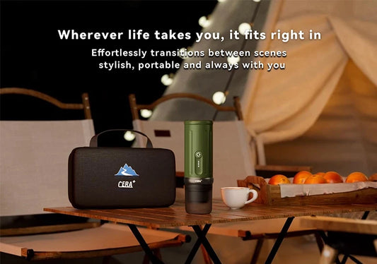CERA+ supplier travel illustration showing a green portable espresso machine and closed case on a table beside a tent