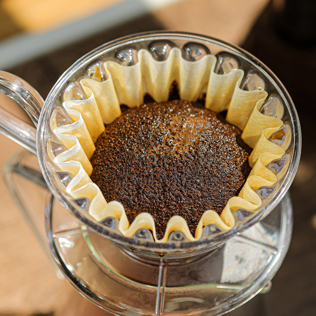 Cake-shaped paper filter shown with brewed coffee in a dripper