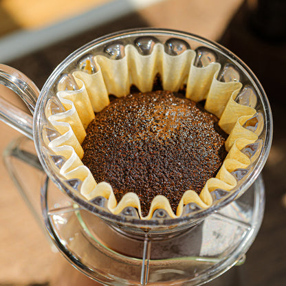 Cake-shaped paper filter shown with brewed coffee in a dripper