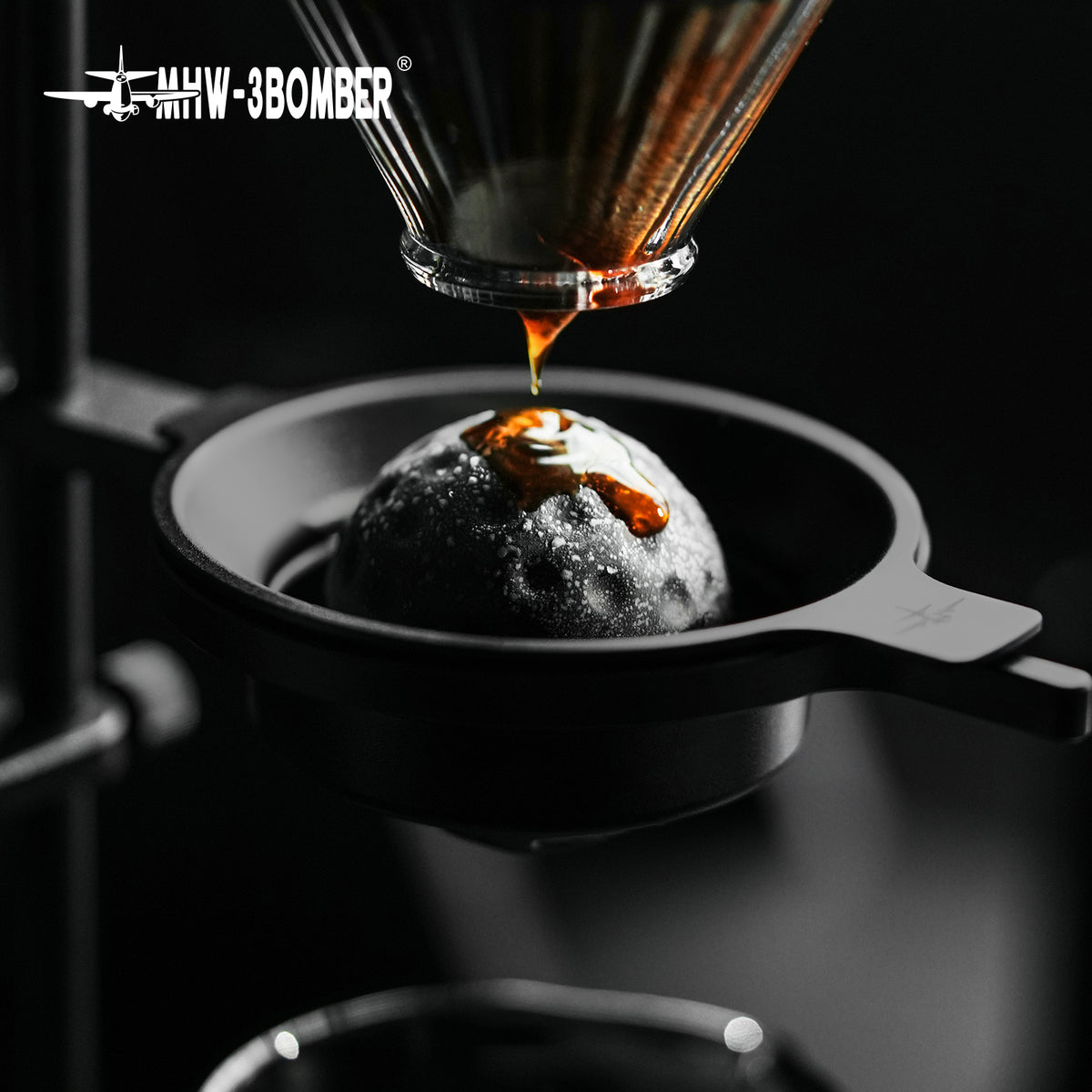 MHW-3BOMBER chilling ball in a pour-over brewing setup; holder, dripper and brewing equipment are sold separately