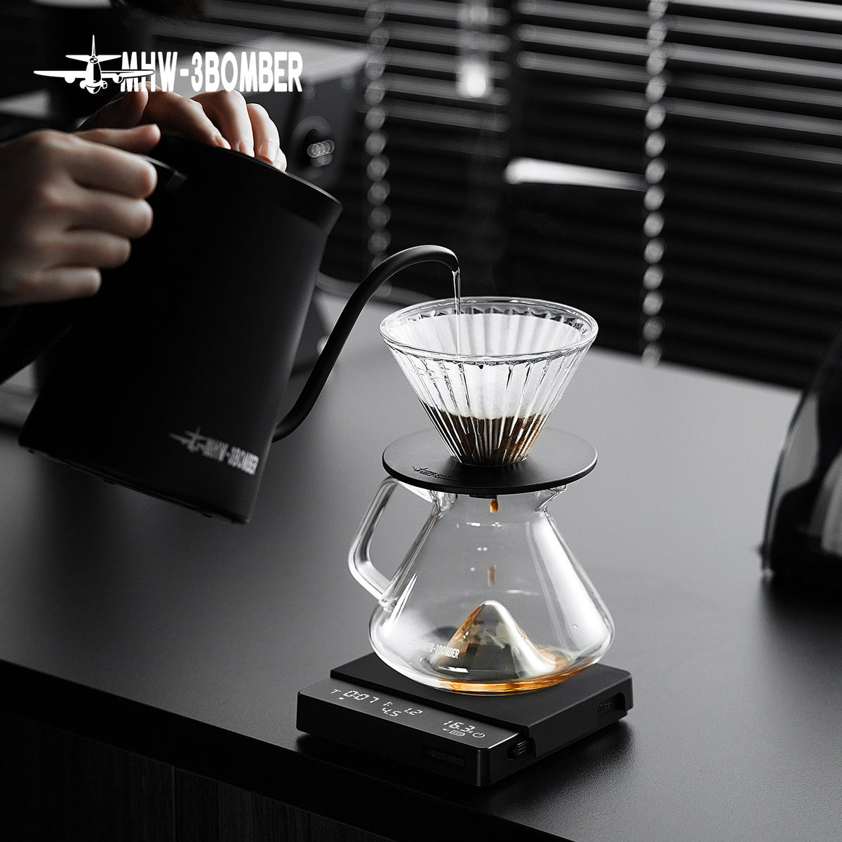 MHW-3BOMBER Cube Coffee Scale 3.0 family shown during pour-over brewing