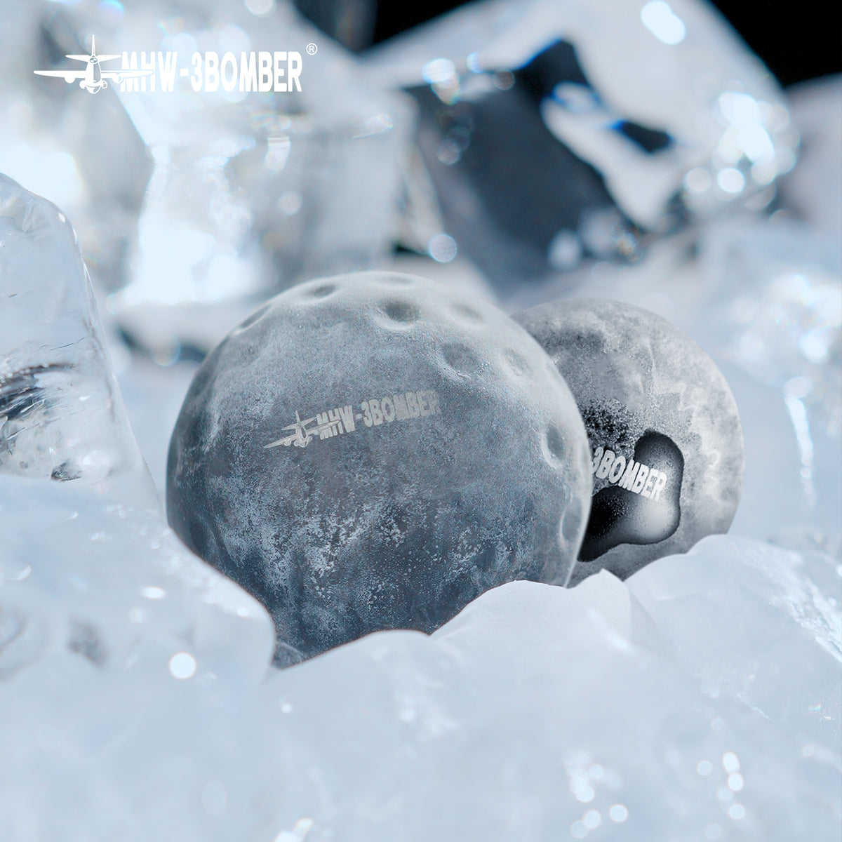 MHW-3BOMBER IH6658L 42 mm chilling balls resting on ice before use; ice is a demonstration prop