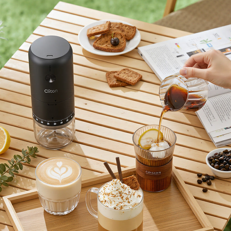 CLITON KMDJ-7AW-ULTRA coffee grinder in an outdoor brewing setup