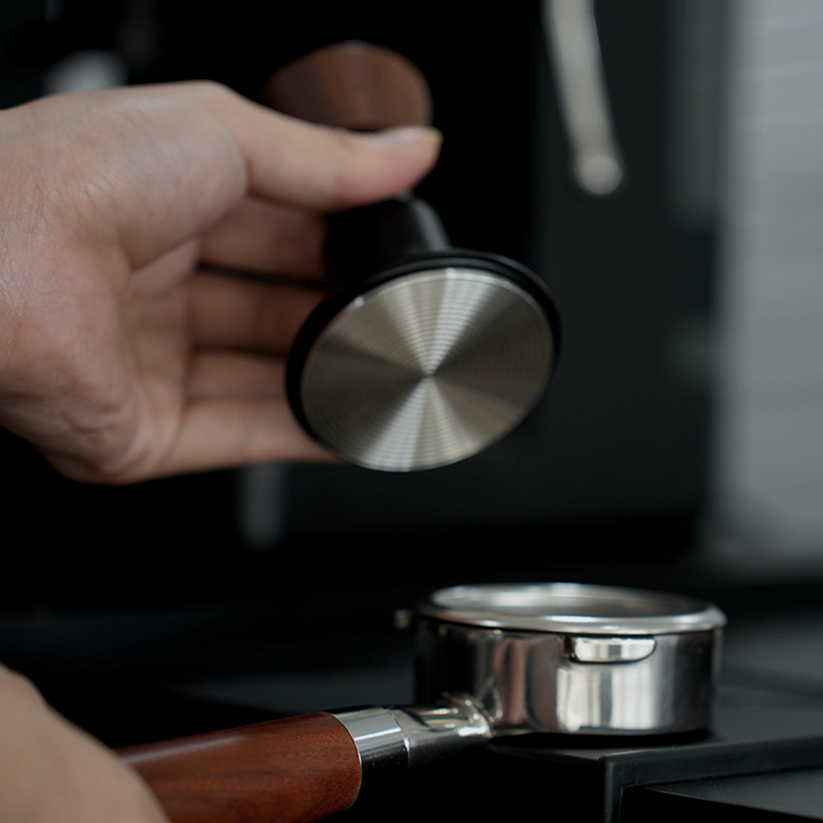 HiBREW Master 58mm Coffee Tamper — underside shown above a portafilter. Demonstration props are not included.