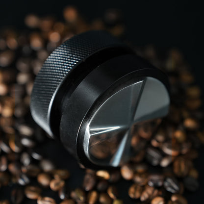 HiBREW Master 58mm Coffee Distributor — four-blade steel base on a coffee-bean background. Demonstration props are not included.