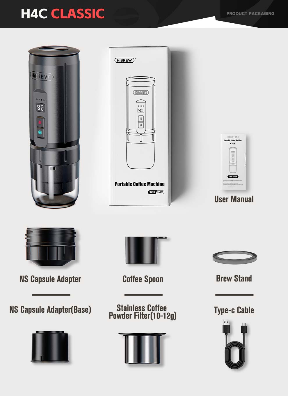 H4C Classic Black configuration and labelled accessories; protective travel case is not shown