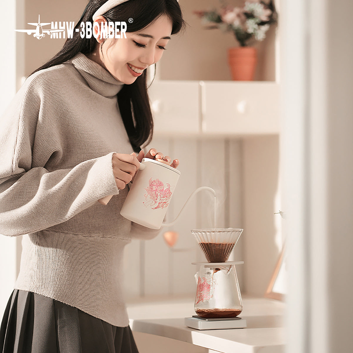 G5199P Heartbeat artwork server during pour-over brewing with a person wearing a headband. Other pictured tools, coffee and props are not included.