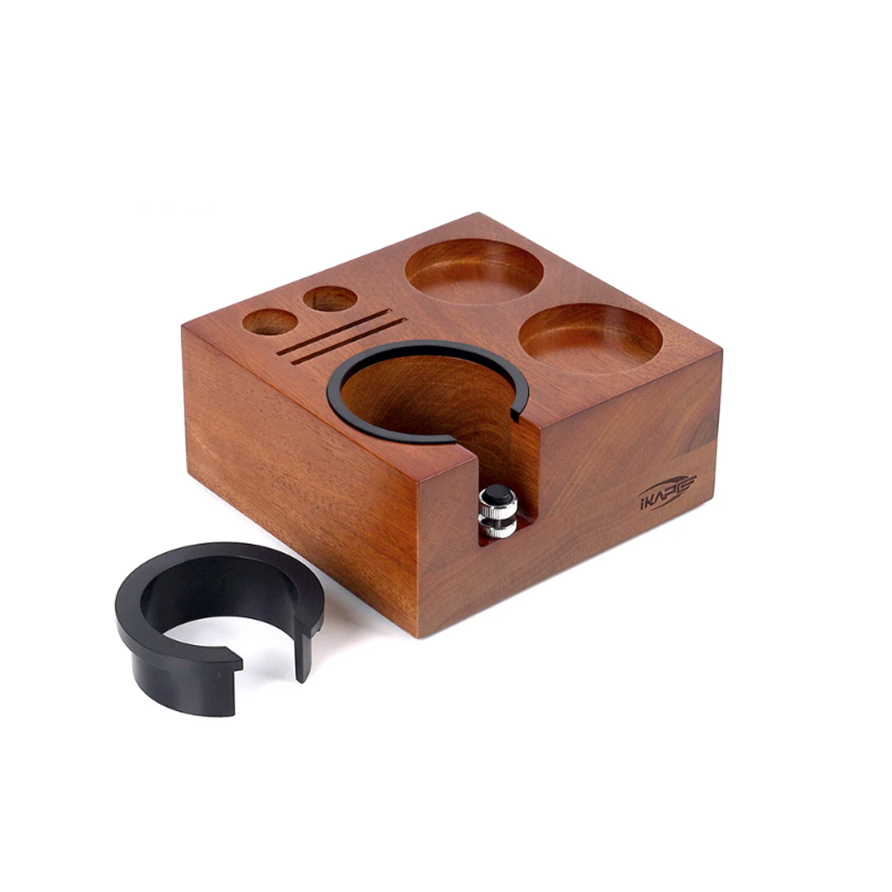 IKAPE seven-in-one walnut tamping station and interchangeable support ring, angled view.