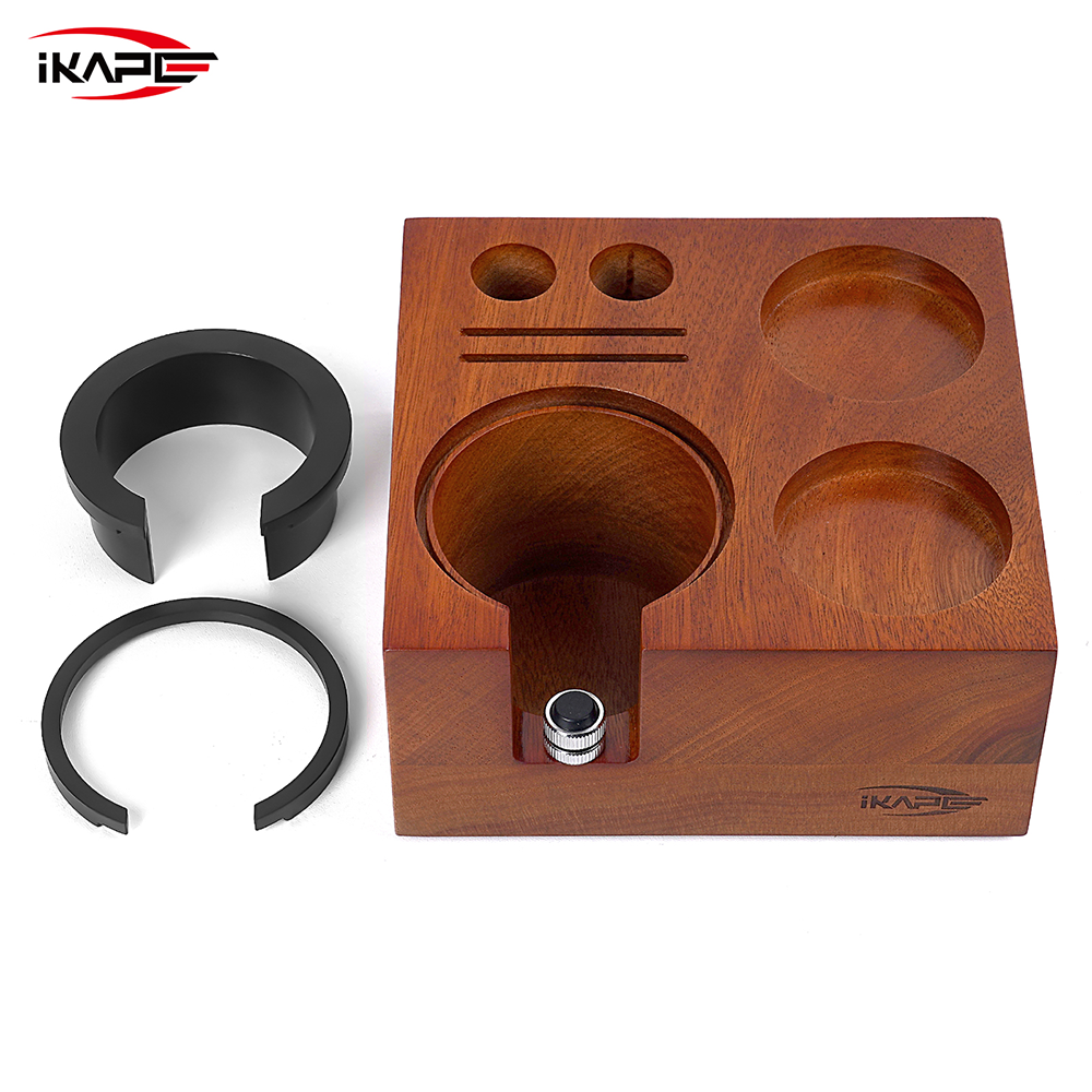 IKAPE walnut tamping station, top recesses and two interchangeable support rings.