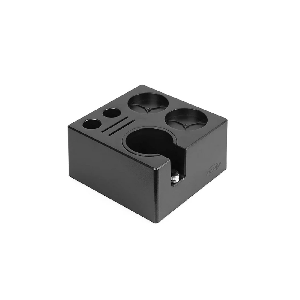 IKAPE black ABS seven-in-one tamping station with portafilter insert in place