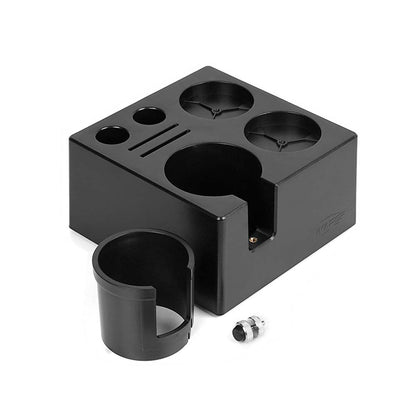 IKAPE black ABS tamping station with removable insert and adjusting knob shown separately