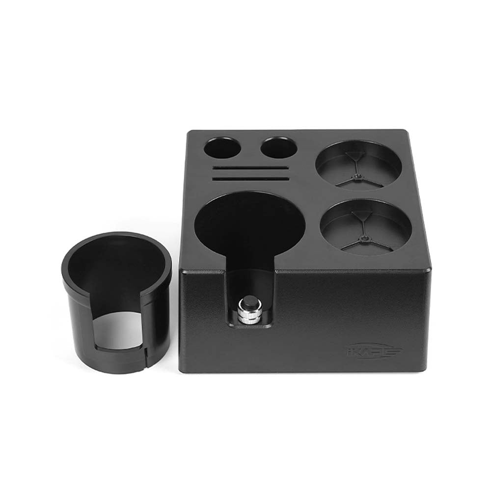 IKAPE black ABS tamping station, front view with insert removed