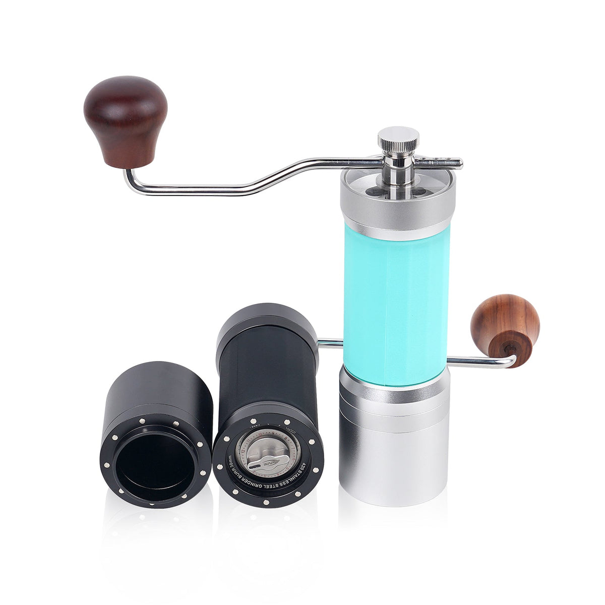 IKAPE KM7 Black grinder adjustment mechanism and magnetic grounds cup beside the Blue grinder; includes one selected-colour grinder.