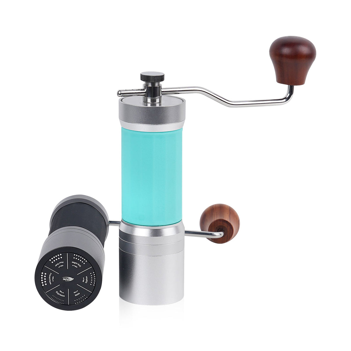 IKAPE KM7 Black grinder underside and grounds-cup detail beside the Blue grinder; includes one selected-colour grinder.