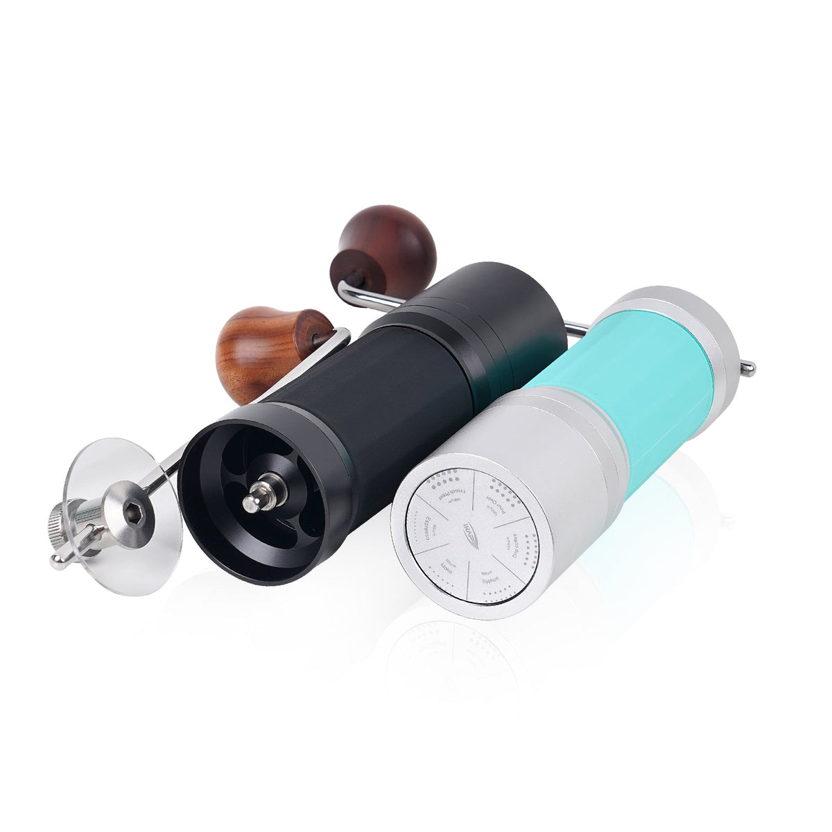 IKAPE KM7 Black and Blue grinders laid on their sides, showing the lids and crank handles; includes one selected-colour grinder.