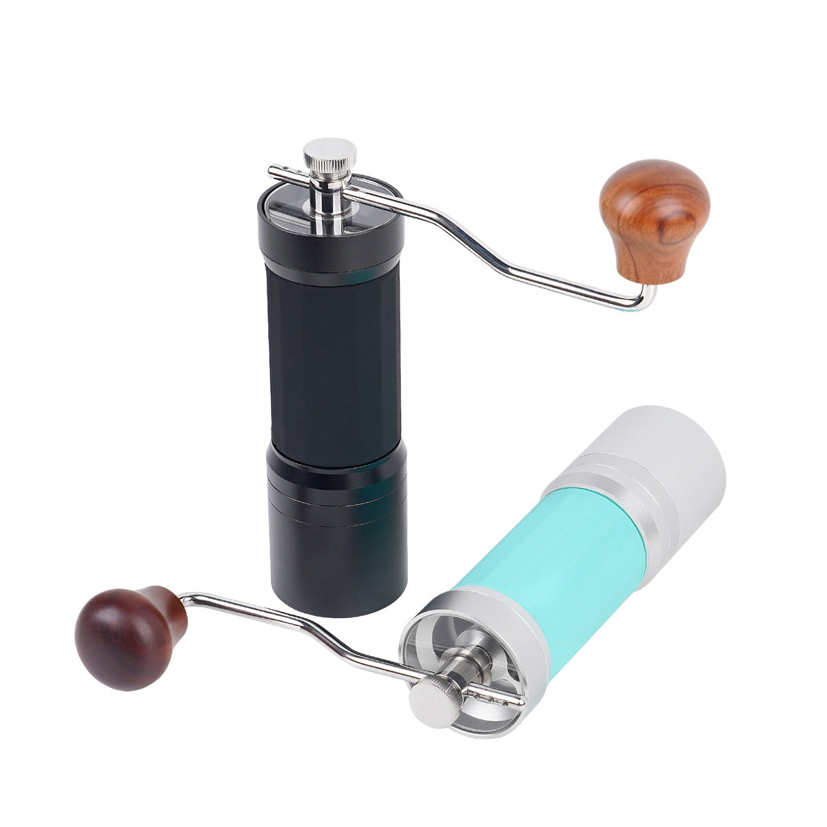 IKAPE KM7 Black grinder standing beside the Blue grinder laid on its side; includes one selected-colour grinder.