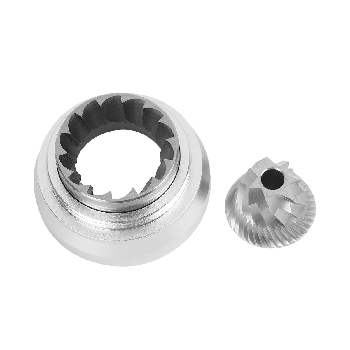 IKAPE KM7 inner and outer stainless-steel burr components, shared by the Black and Blue variants.