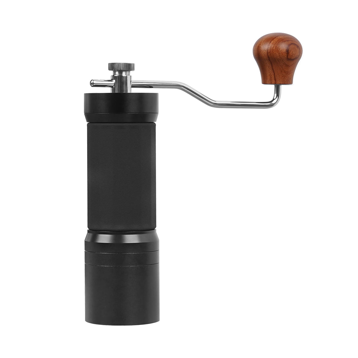 IKAPE KM7 V2 manual coffee grinder in Black, front view with wooden handle knob.