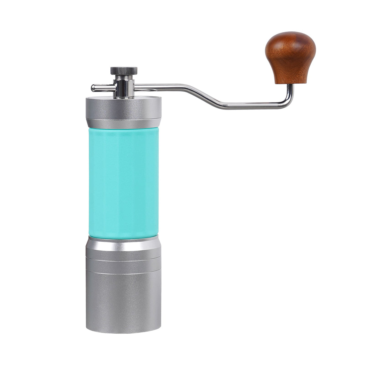 IKAPE KM7 V2 manual coffee grinder in Blue, front view with wooden handle knob.