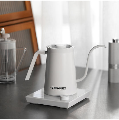 White Assassin kettle, handle, curved spout and temperature-control base