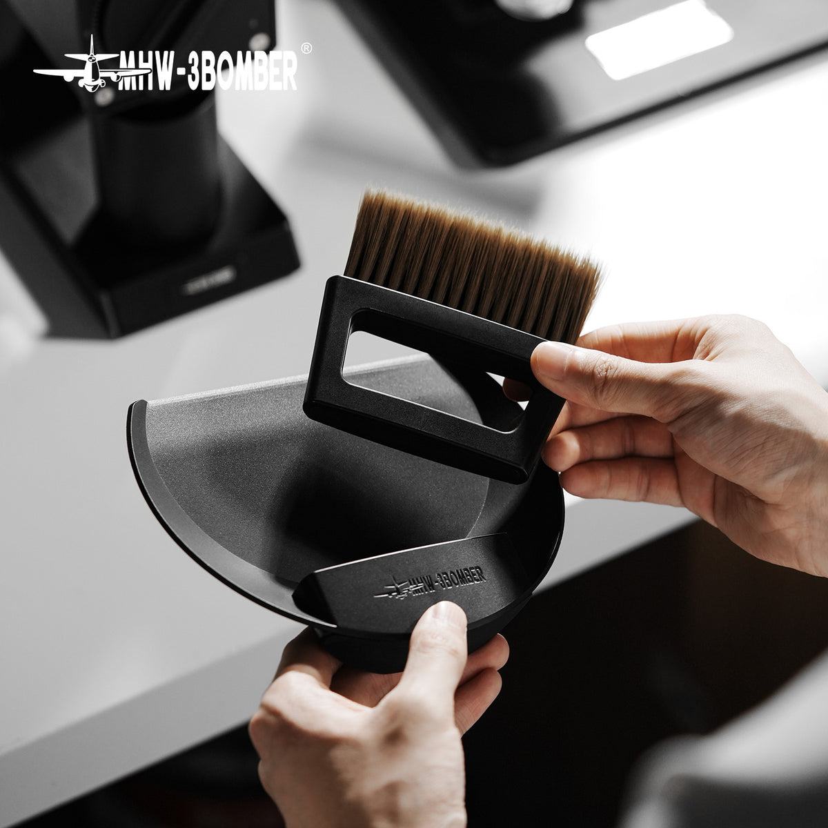 B5188B coffee bar brush and holder shown in a handling view