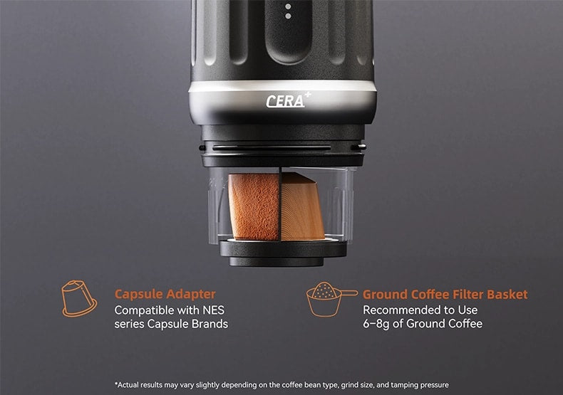CERA+ PCM03S coffee basket and capsule adapter view