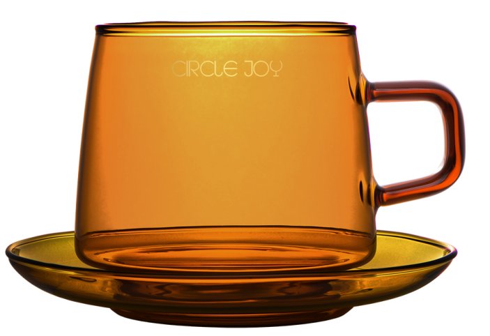 Circle Joy CJ-CF01 amber glass cup with matching saucer, supplier product view