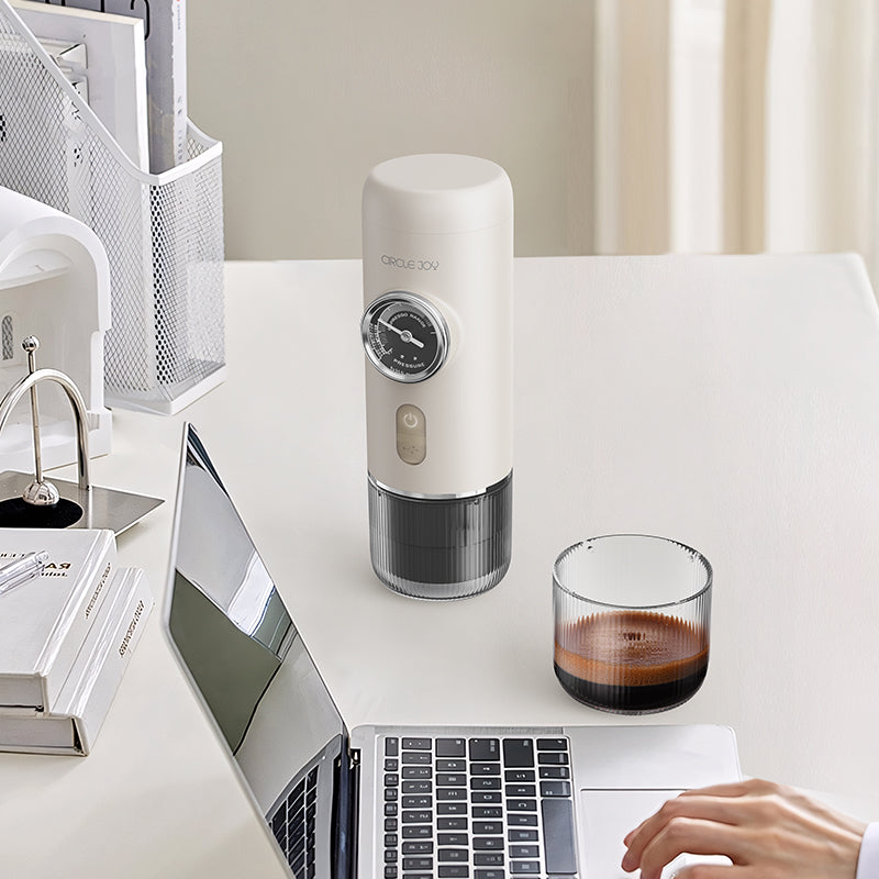 Circle Joy CJ-KFJ04 PLUS White portable espresso maker in an office