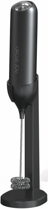 Circle Joy CJ-EMF14D black battery milk frother with matching upright storage base