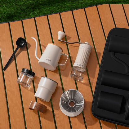 White CLITON CL-CFS23 brewing tools arranged beside the carrying case