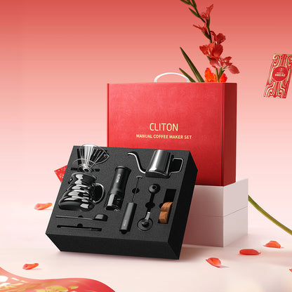 CLITON CL-CFS04-NY eight-piece manual coffee maker set in the red seasonal gift box