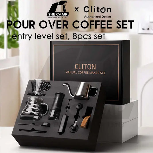 CLITON CL-CFS04 eight-piece pour-over coffee set in its presentation box