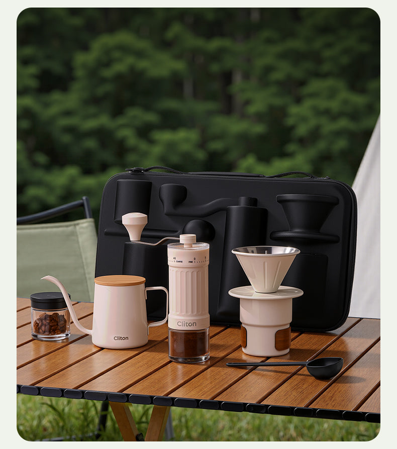 CLITON CL-CFS23 white portable brewing set arranged on an outdoor table