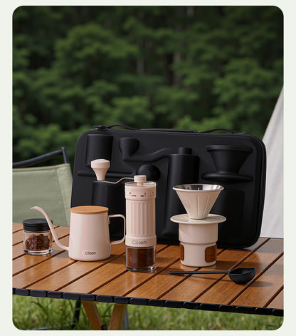 CLITON CL-CFS23 white portable brewing set arranged on an outdoor table