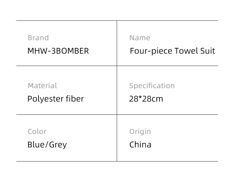 MHW-3BOMBER supplier specification artwork: four-piece towel suit, polyester fiber, 28 x 28 cm