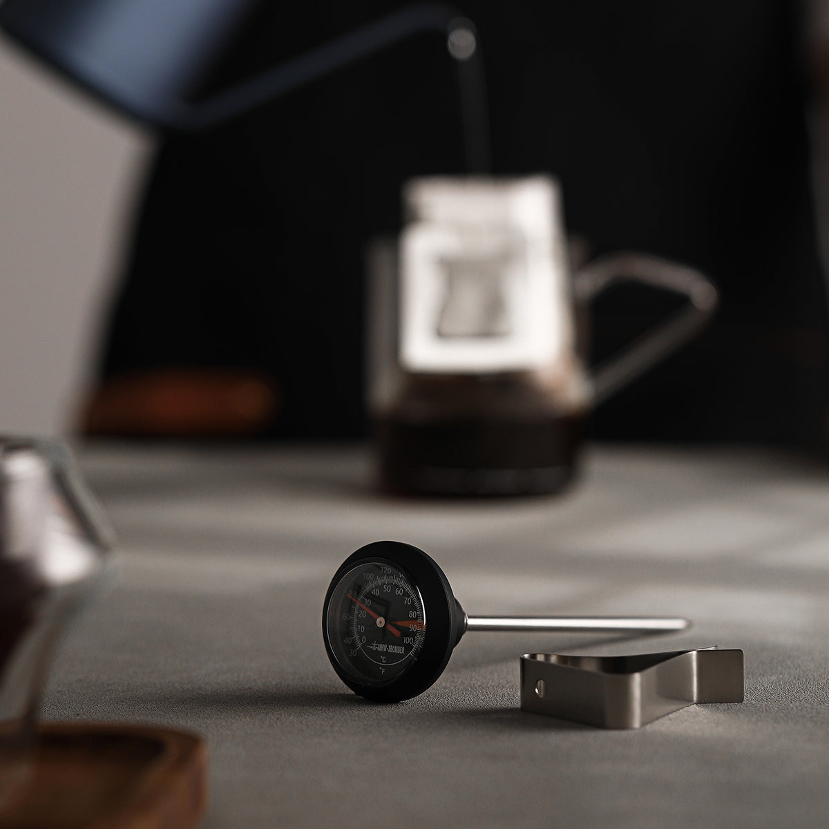 MHW-3BOMBER CT5615B thermometer beside a coffee brewing setup