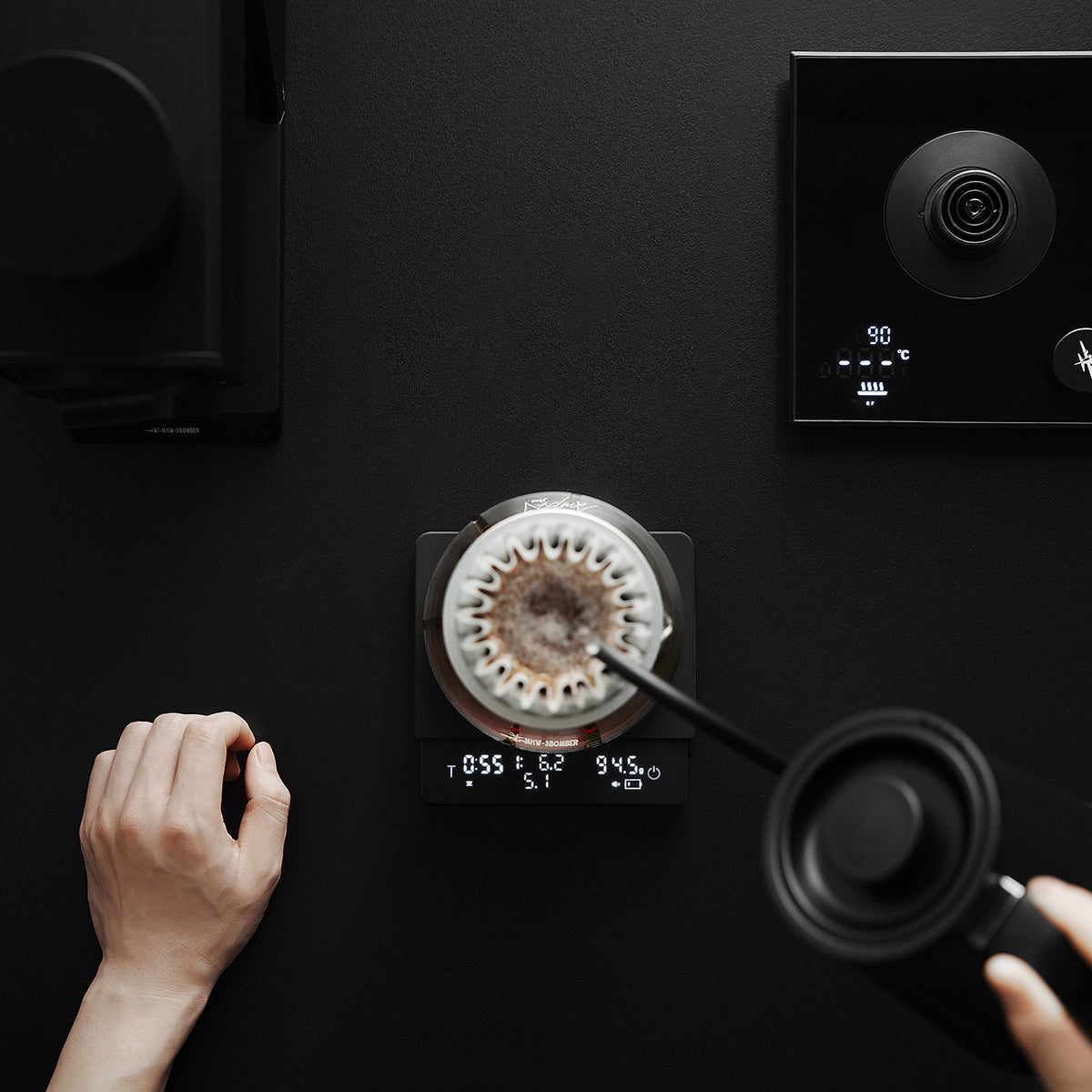 MHW-3BOMBER Cube Coffee Scale 3.0 Pro, black — ES6027B — pourover top view; brewing accessories are scene props