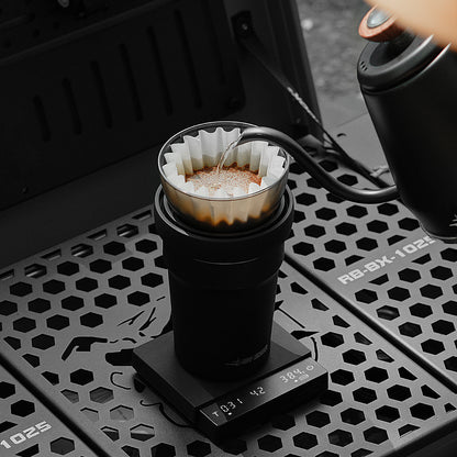 MHW-3BOMBER Cube Coffee Scale 3.0 Mini Pro, black — ES6029B — travel pourover; brewing accessories are scene props