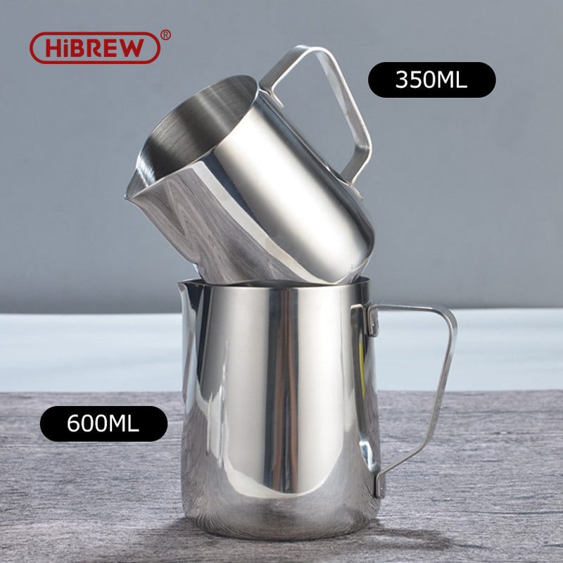 HiBREW milk pitchers shown for size comparison; this listing includes one smaller 350 ml pitcher only.